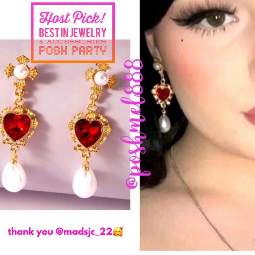 Queen of Hearts👑❤️Ruby Red Rhinestone, Gold & Pearl Drop Statement Earri…